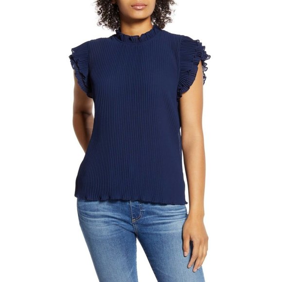 Gibson X Glam Steph Taylor Jackson Blouse Pleated Chiffon Ruffle Sleeve Blue - Picture 1 of 12